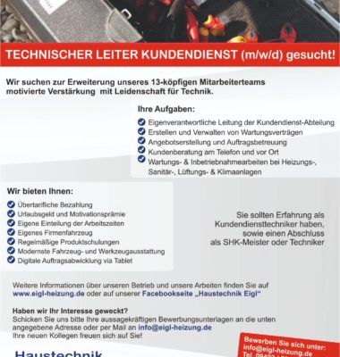 Technischer Leiter Kundendienst (m/w/d) gesucht!
